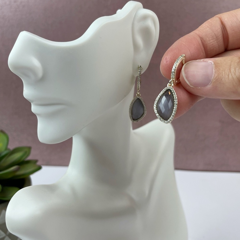 Gold 925 Gray Blue Stone Diamond Style Drop Dangle Earrings Jewelry Women